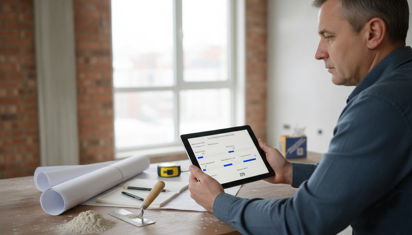 Oblicz szpachlę precyzyjnie! Kalkulator szpachli online: ekran kalkulatora pokazujący obliczenia zużycia szpachli, oszczędność materiału