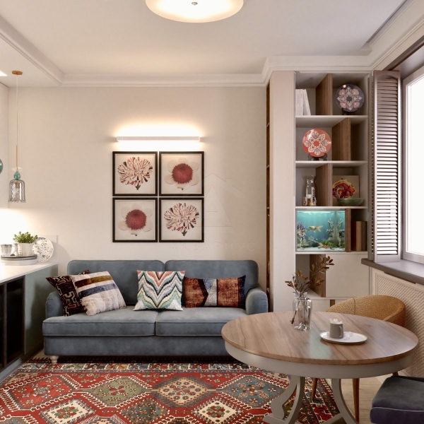 Eklektyczny i jasny Jasne mieszkanie w stylu eklektycznym z odważnymi kolorami i wzorami na ścianach