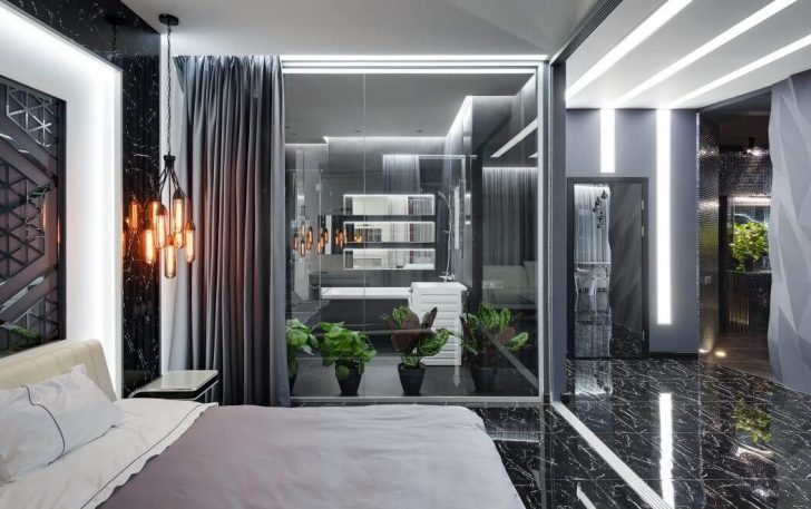 Eklektyczna sypialnia 75m2 Sypialnia w mieszkaniu 75 m2: eklektyczny design z elementami high-tech.