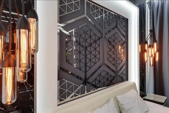 Wezgłowie Art Deco/High-tech Design wezgłowia łóżka w stylu art deco i high-tech w mieszkaniu 75m2.