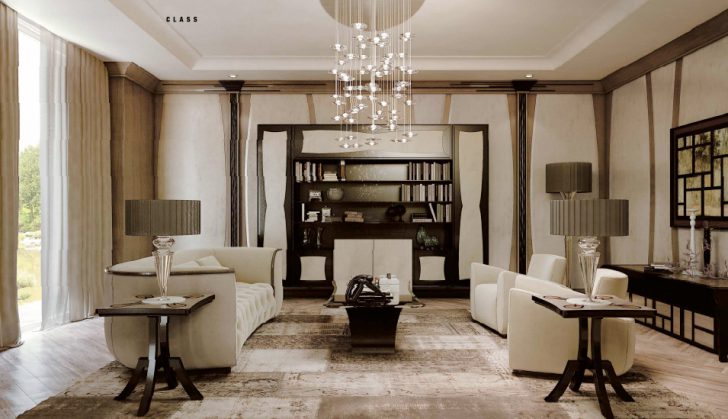 Kremowa elegancja w salonie Luksusowy salon Art Deco: kremowe meble na tle ścian w geometryczne wzory.