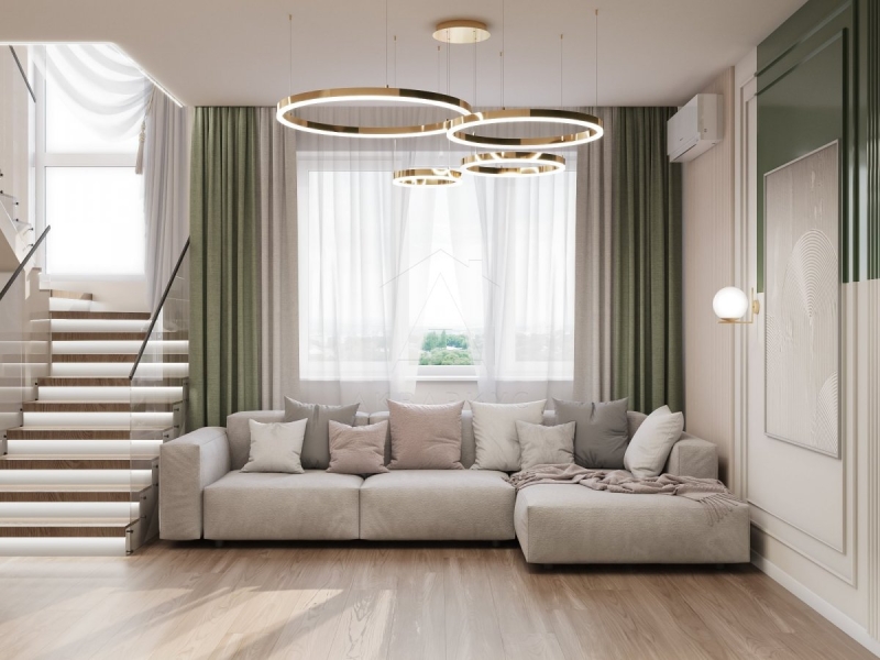 Wygodny Narożnik Duży narożny kanapa w przestronnym salonie domu za miastem 2026.