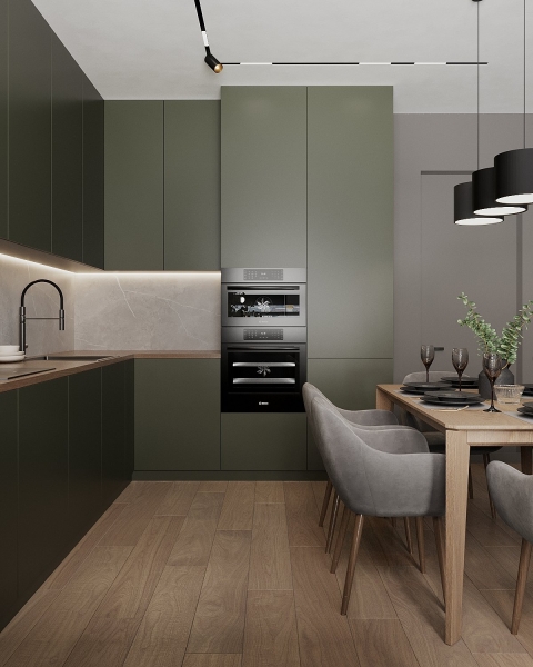Projekt 3D kuchni Wizualizacja 3D nowoczesnej kuchni: projekt kuchni na zamówienie przed realizacją.