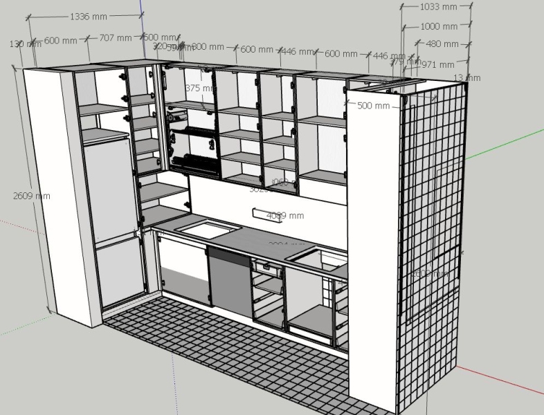 Techniczny projekt kuchni Szczegółowy rysunek techniczny kuchni na wymiar: projekt z wymiarami i specyfikacją.
