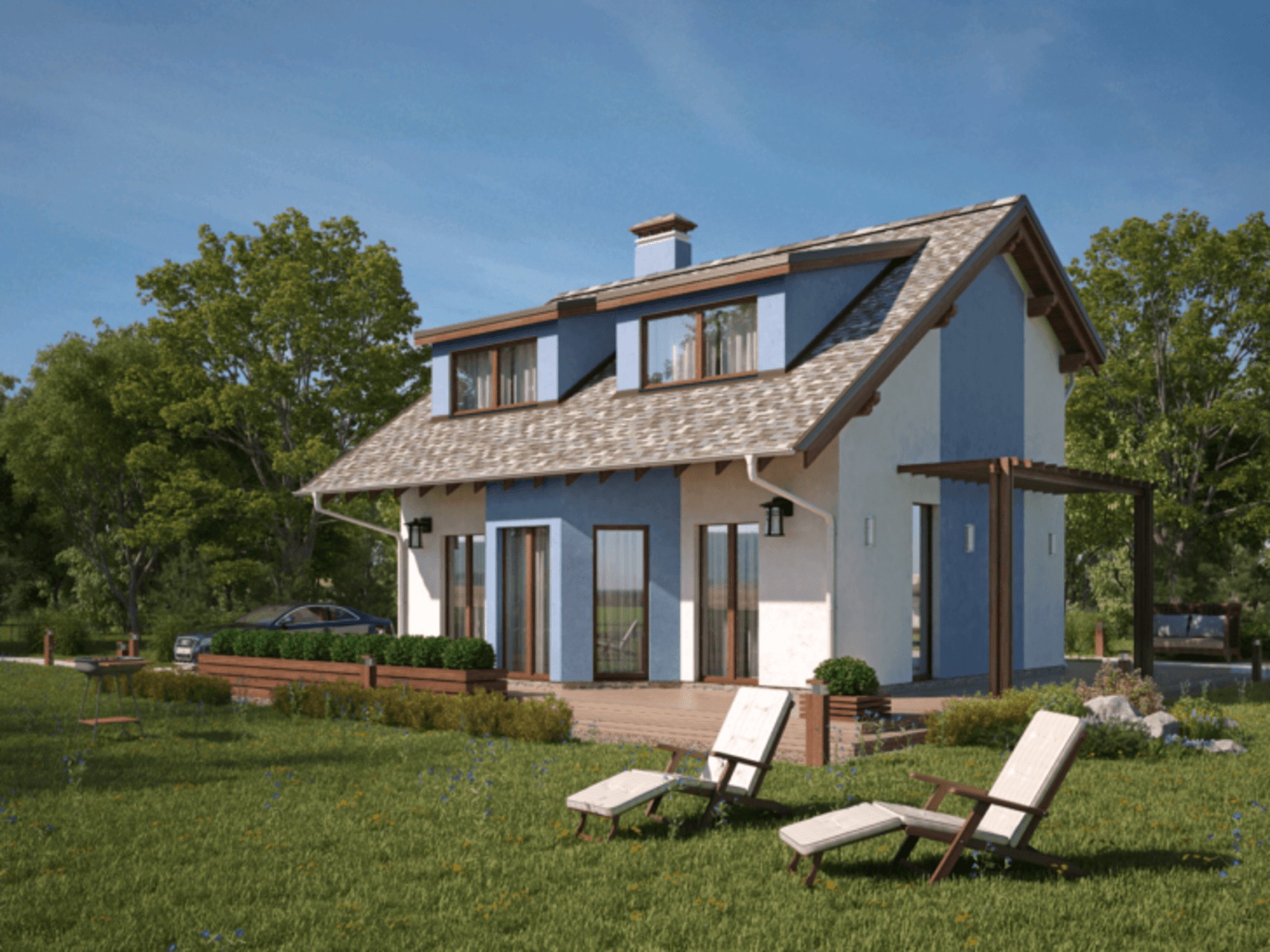 Przytulny domek letniskowy Wnętrze małego domku letniskowego z drewnianymi elementami i przytulnym wystrojem. Domy szkieletowe.