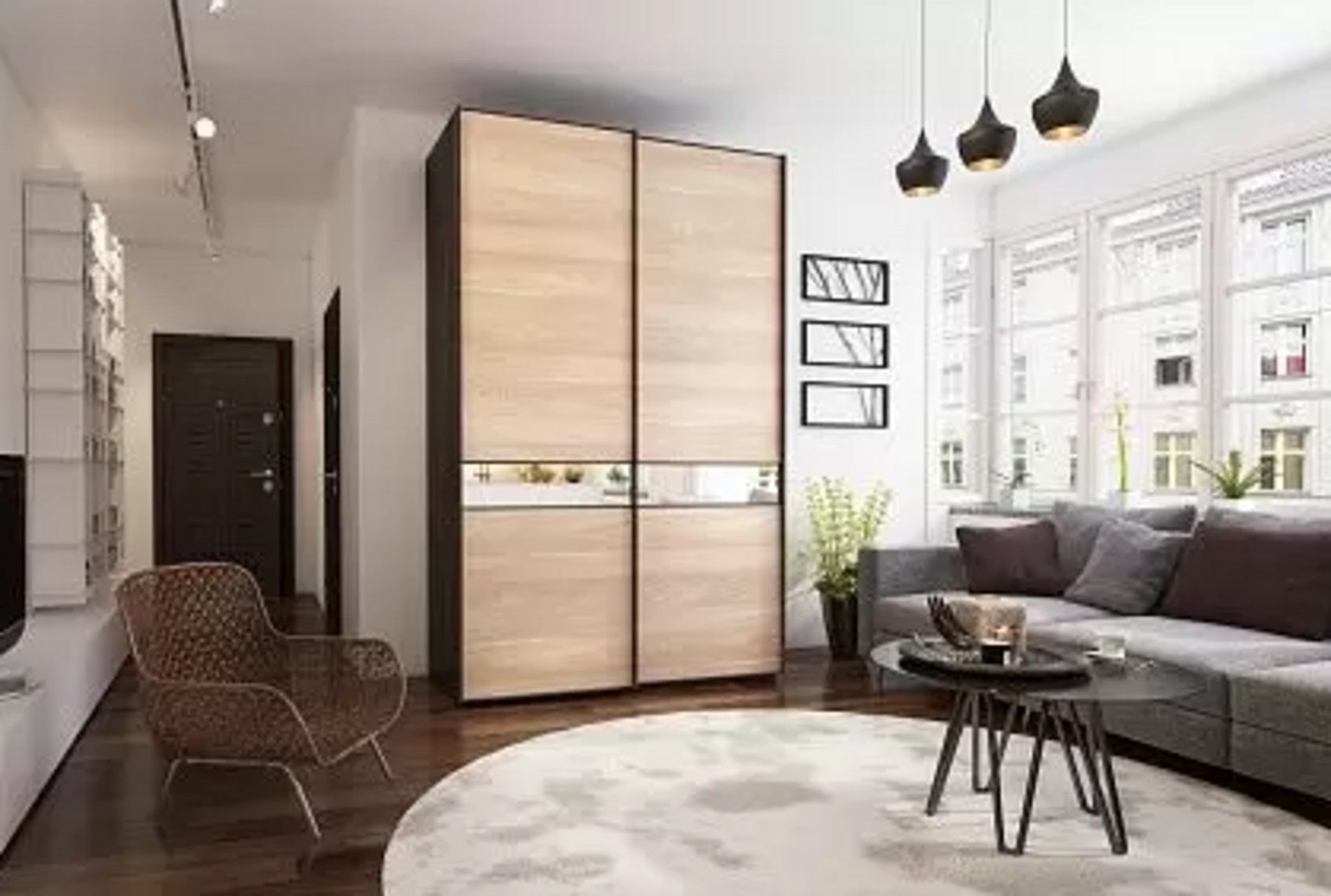 Szafa przesuwna Japandi Salon 2026: Wolnostojąca szafa przesuwna w stylu Japandi z oświetleniem LED