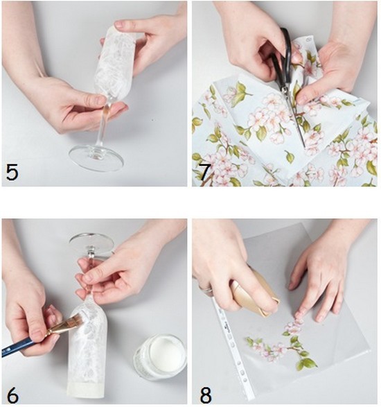 Decoupage w akcji Ozdabianie kieliszków ślubnych: nakładanie motywu decoupage. Ręcznie robione kieliszki - oszczędź i zachwyć!