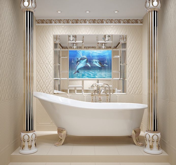 Faktury natury w łazience Aranżacja łazienki z panno imitującym naturalną fakturę kamienia i drewna.