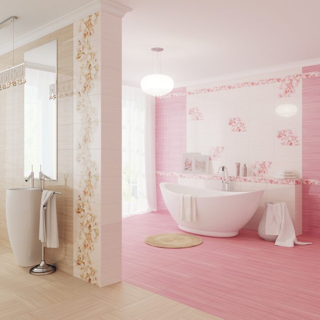 Elegancja i natura w łazience Panno w łazience: połączenie mozaiki i płytek imitujących kamień naturalny.