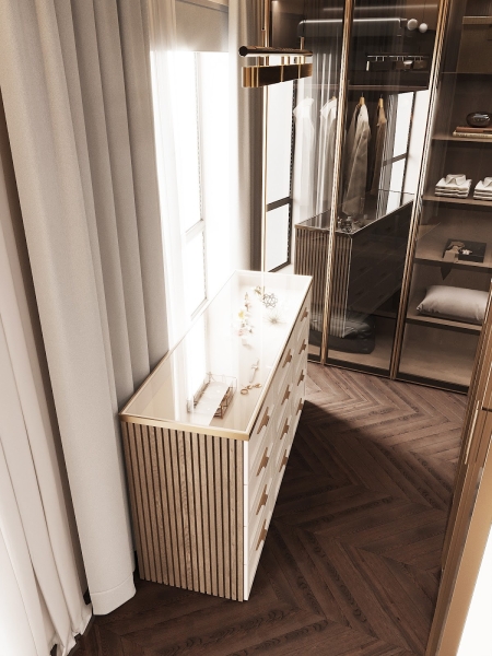 Złote akcenty Garderoba premium ze szklanymi półkami i złotymi elementami, luksus w każdym detalu.