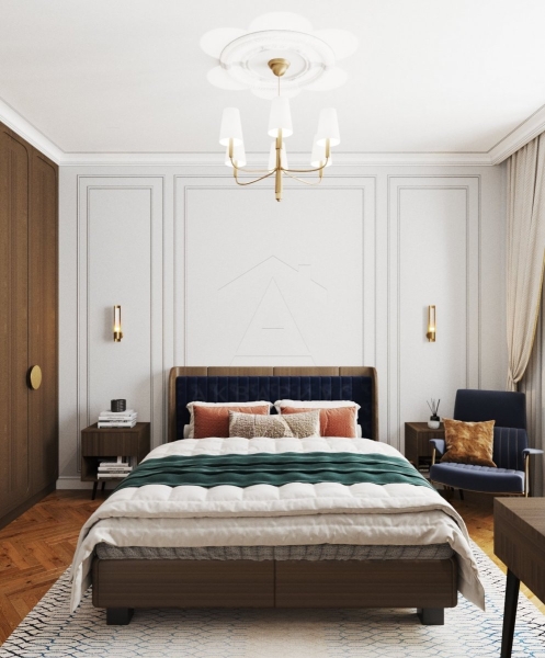 Sypialnia: Cichy luksus Elegancka sypialnia w stylu cichego luksusu z listwami dekoracyjnymi na ścianach.
