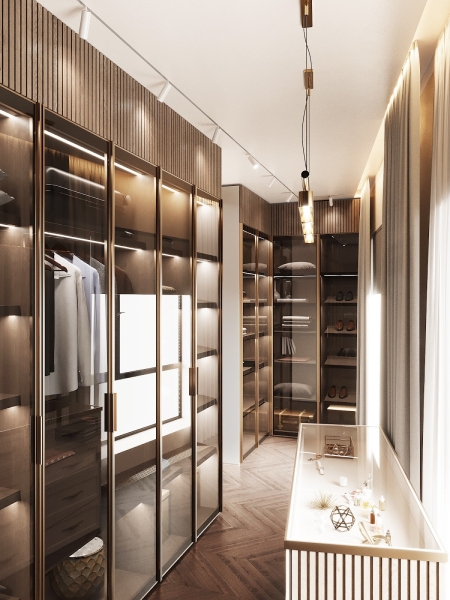 Oświetlenie w garderobie Podświetlane półki i szuflady w garderobie premium, funkcjonalne i stylowe rozwiązanie.