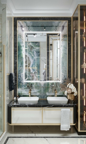 Ceramiczny luksus Łazienka premium wykończona wielkoformatowymi płytkami ceramicznymi, elegancja i nowoczesność.