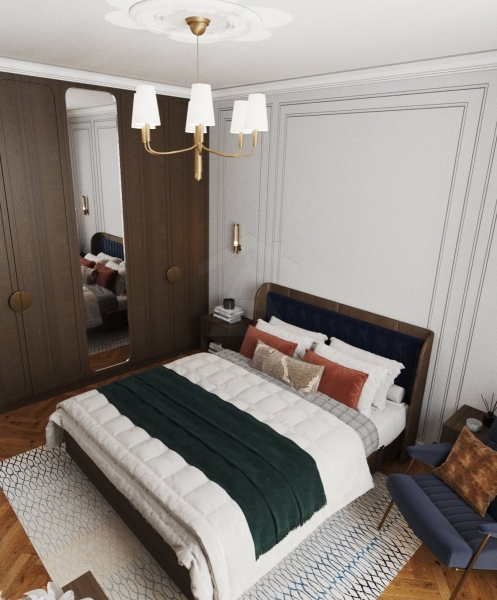 Drewniana elegancja Sypialnia premium z naturalnym drewnem na podłodze i meblach, elegancja i komfort.