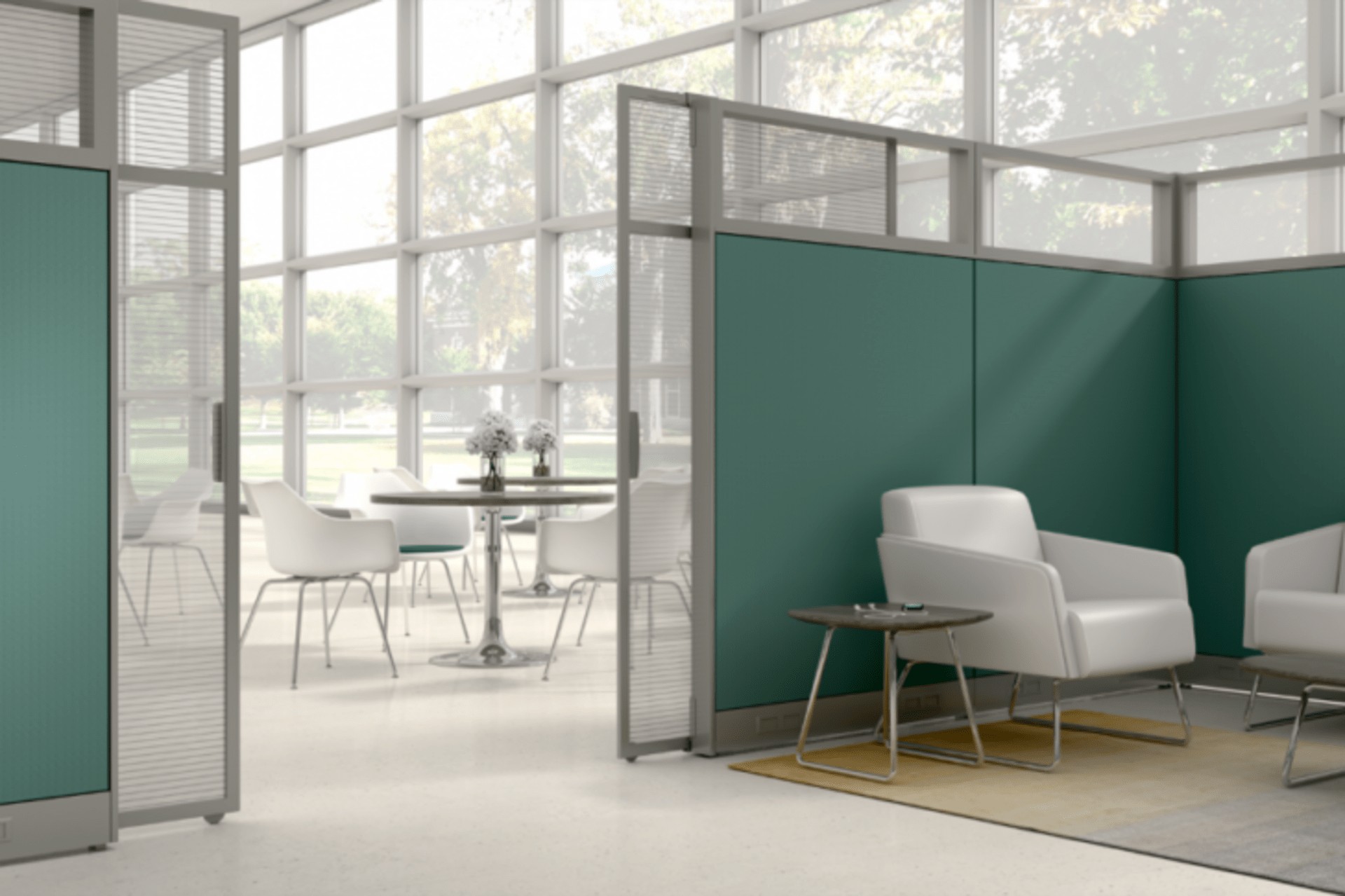 Kolorowe przegrody Kolorowe przegrody biurowe poprawiające akustykę biura i dodające nowoczesnego stylu przestrzeni.