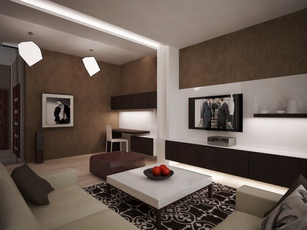 Loftowy salon dla mężczyzny Męski salon w stylu loftowym z ciemnymi ścianami i skórzaną sofą, 2026