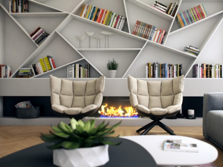Półki: nowoczesny design Dekoracja wnętrz 2026: nowoczesne półki na książki w przytulnym salonie.
