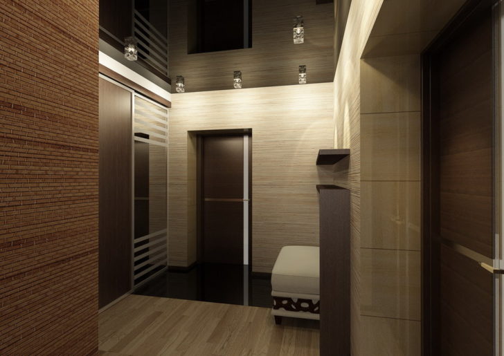 Szarość elegancji w korytarzu Nowoczesny, ciemnoszary sufit napinany w korytarzu, odbicie światła i nowoczesny design.