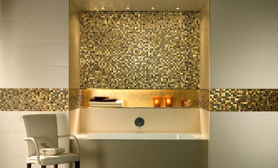 Złota mozaika Złota mozaika w łazience: luksusowy i elegancki element dekoracyjny ścian.